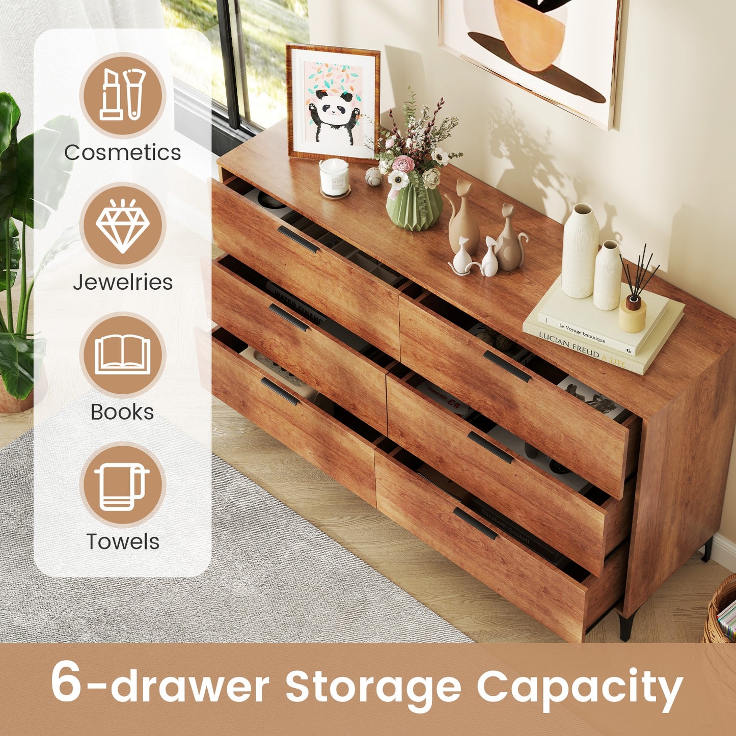 6-Drawer Dresser with Metal Legs and Anti-Tip Kit for Bedroom or Living Room