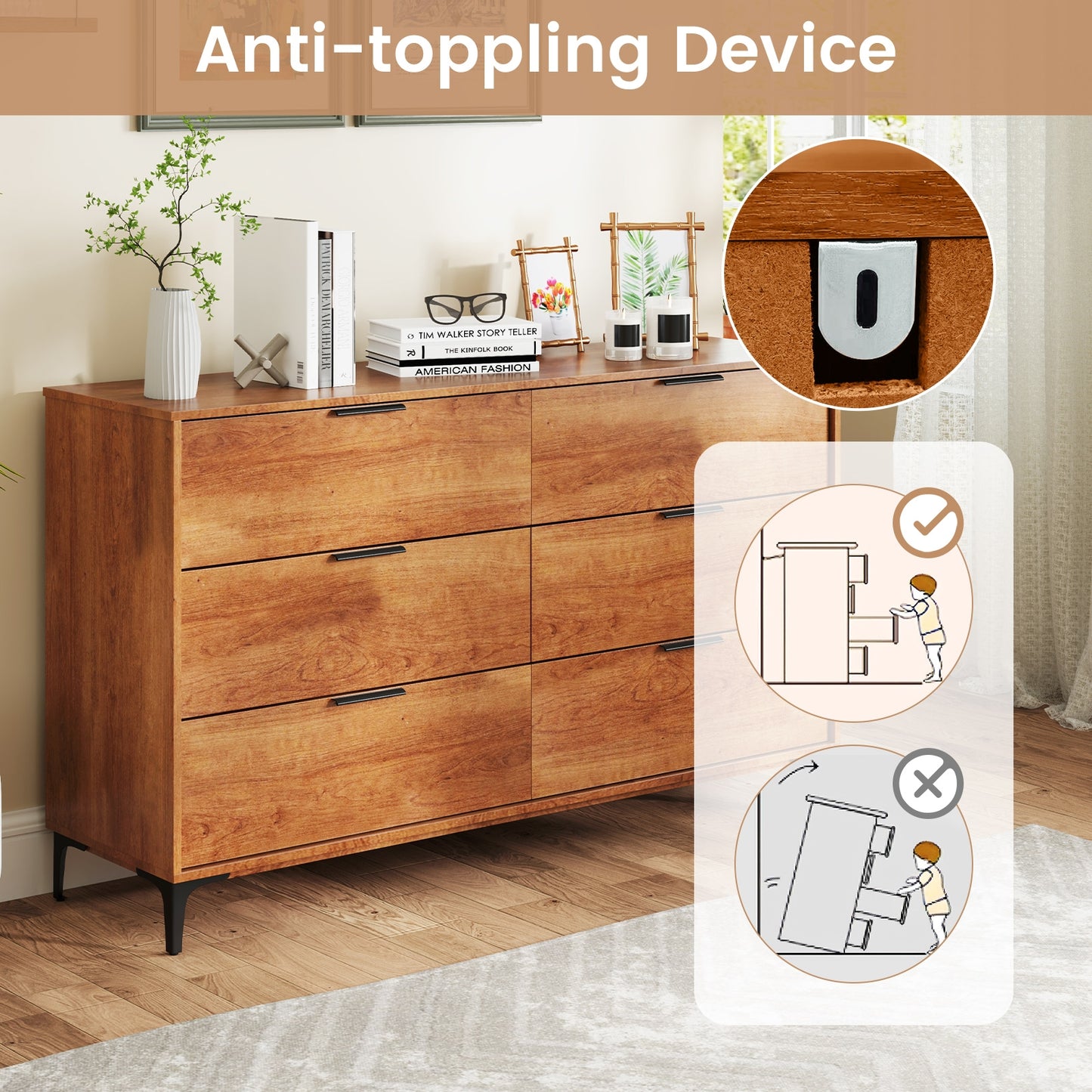 6-Drawer Dresser with Metal Legs and Anti-Tip Kit for Bedroom or Living Room