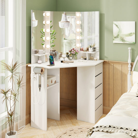 Corner Vanity Desk and Chair Set with LED Lighted Mirror and Charging Station – White