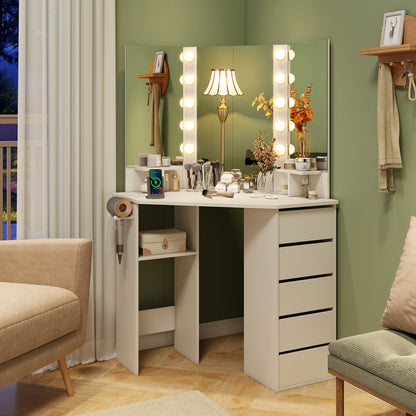 Corner Vanity Desk and Chair Set with LED Lighted Mirror and Charging Station – White