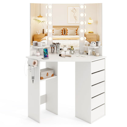 Corner Vanity Desk and Chair Set with LED Lighted Mirror and Charging Station – White