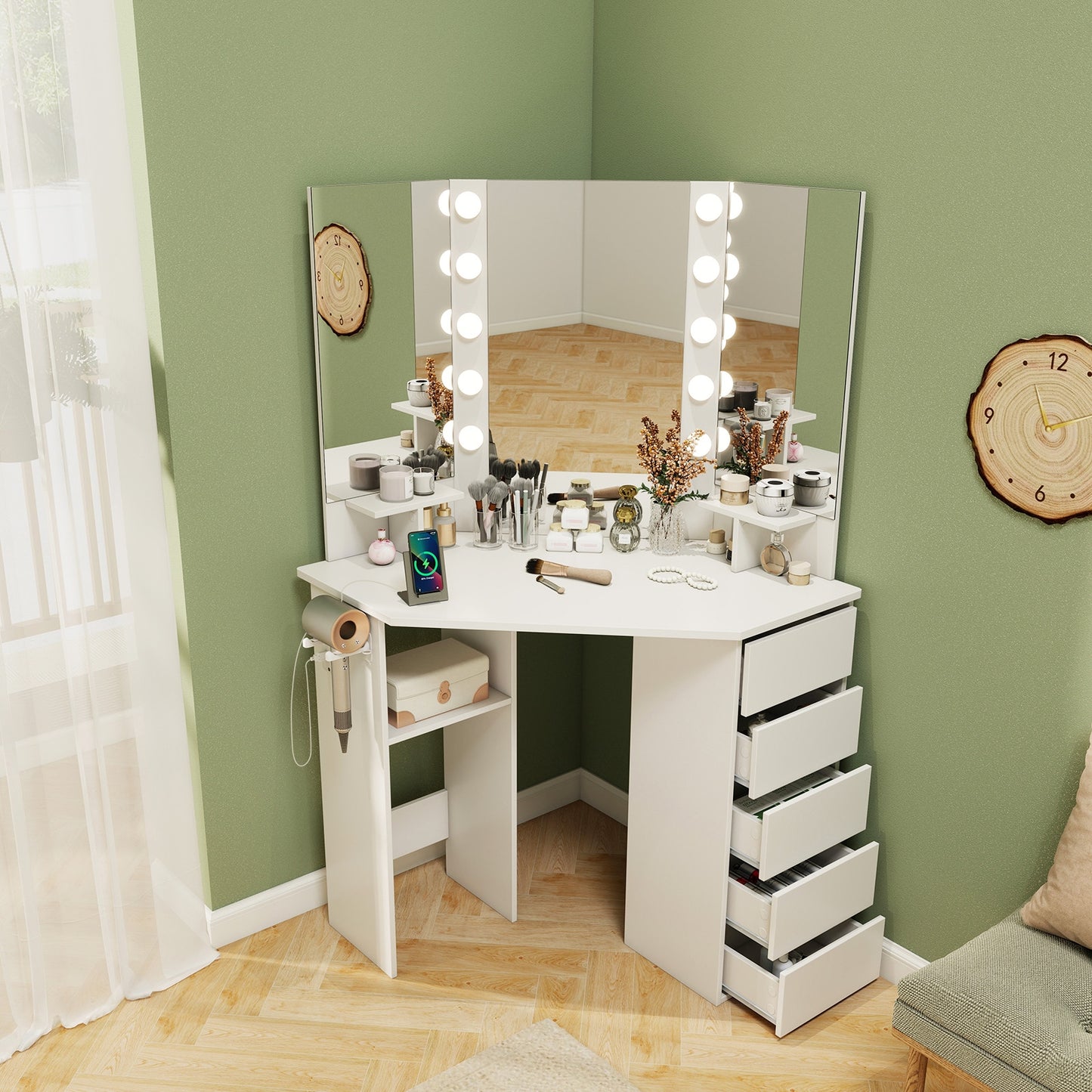 Corner Vanity Desk and Chair Set with LED Lighted Mirror and Charging Station – White