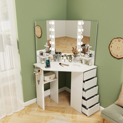 Corner Vanity Desk and Chair Set with LED Lighted Mirror and Charging Station – White