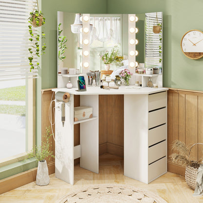 Corner Vanity Desk and Chair Set with LED Lighted Mirror and Charging Station – White