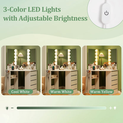 Corner Vanity Desk and Chair Set with LED Lighted Mirror and Charging Station – White
