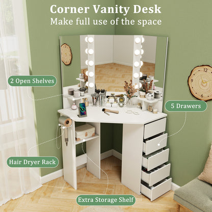 Corner Vanity Desk and Chair Set with LED Lighted Mirror and Charging Station – White