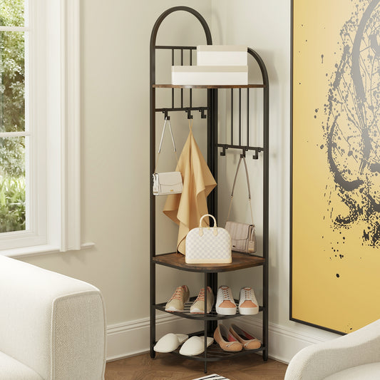 4-in-1 Corner Hall Tree with Coat Rack Shoe Storage Bench and Top Shelf - Rustic Brown