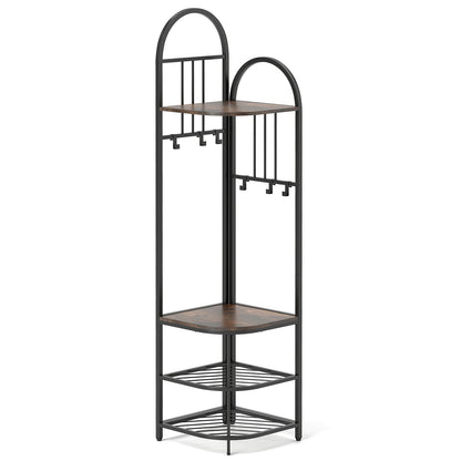 4-in-1 Corner Hall Tree with Coat Rack Shoe Storage Bench and Top Shelf - Rustic Brown