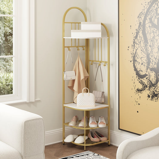 4-in-1 Corner Hall Tree with Coat Rack Shoe Storage Bench and Top Shelf - White