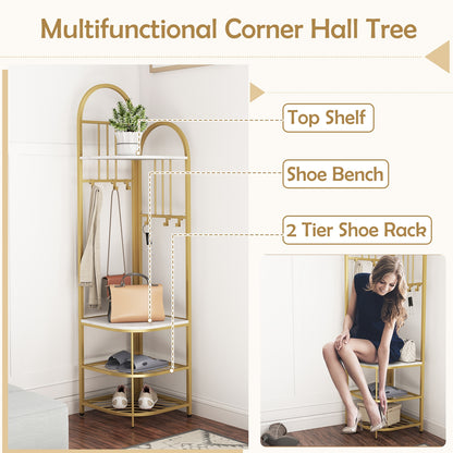 4-in-1 Corner Hall Tree with Coat Rack Shoe Storage Bench and Top Shelf - White