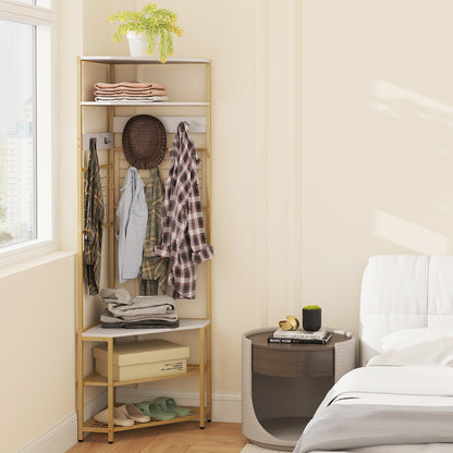 5-Tier Corner Hall Tree with Coat Rack, Storage Shelves, and Shoe Bench in White