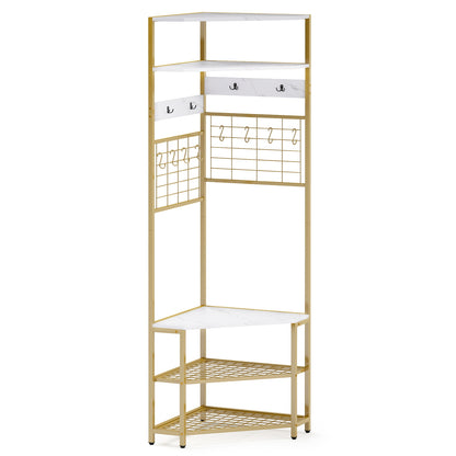 5-Tier Corner Hall Tree with Coat Rack, Storage Shelves, and Shoe Bench in White