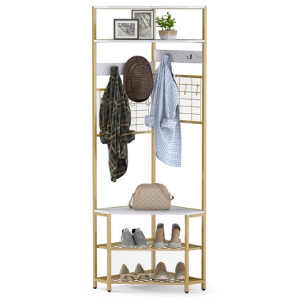 5-Tier Corner Hall Tree with Coat Rack, Storage Shelves, and Shoe Bench in White