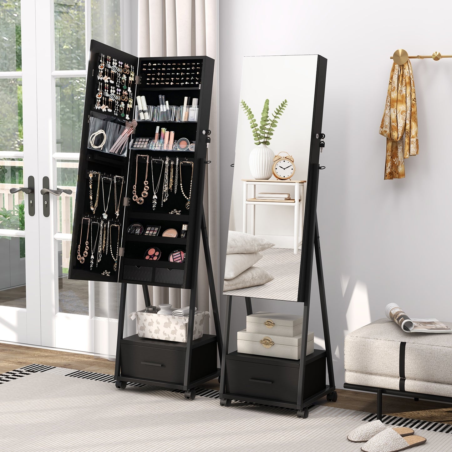 Freestanding Jewelry Armoire with Full-Length Mirror and Lockable Storage – Black