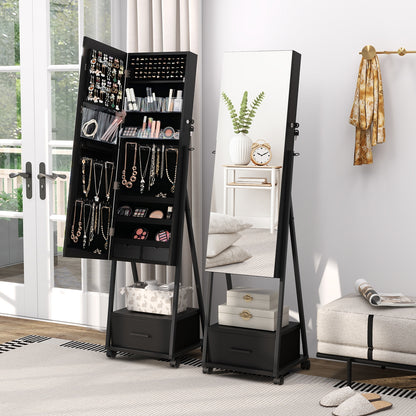 Freestanding Jewelry Armoire with Full-Length Mirror and Lockable Storage – Black