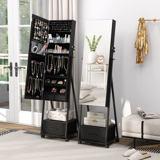 Freestanding Jewelry Armoire with Full-Length Mirror and Lockable Storage – Black