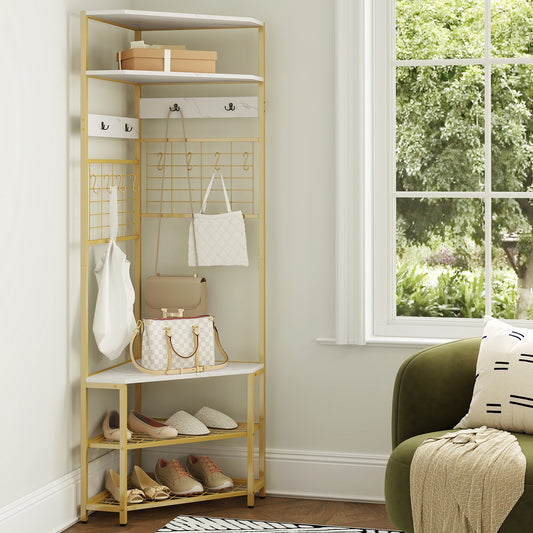 5-Tier Corner Hall Tree with Coat Rack, Storage Shelves, and Shoe Bench in White