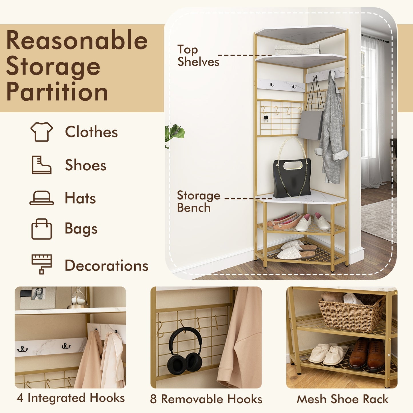 5-Tier Corner Hall Tree with Coat Rack, Storage Shelves, and Shoe Bench in White