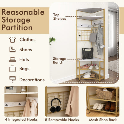 5-Tier Corner Hall Tree with Coat Rack, Storage Shelves, and Shoe Bench in White