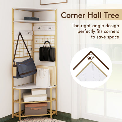 5-Tier Corner Hall Tree with Coat Rack, Storage Shelves, and Shoe Bench in White