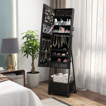 Freestanding Jewelry Armoire with Full-Length Mirror and Lockable Storage – Black