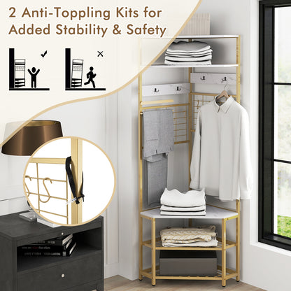 5-Tier Corner Hall Tree with Coat Rack, Storage Shelves, and Shoe Bench in White