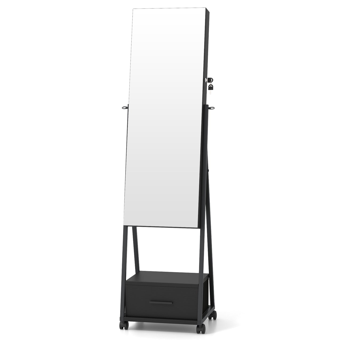 Freestanding Jewelry Armoire with Full-Length Mirror and Lockable Storage – Black
