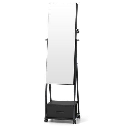 Freestanding Jewelry Armoire with Full-Length Mirror and Lockable Storage – Black
