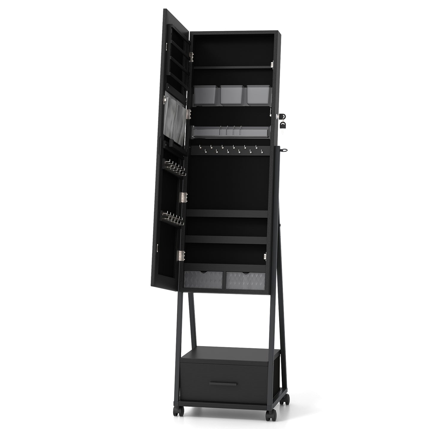 Freestanding Jewelry Armoire with Full-Length Mirror and Lockable Storage – Black