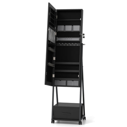Freestanding Jewelry Armoire with Full-Length Mirror and Lockable Storage – Black