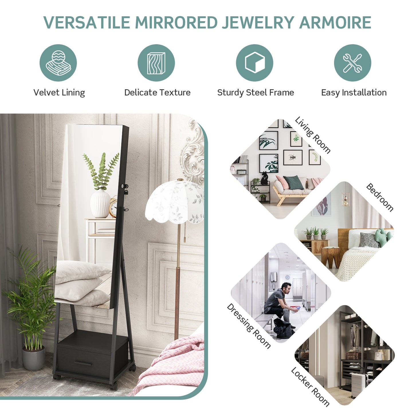 Freestanding Jewelry Armoire with Full-Length Mirror and Lockable Storage – Black