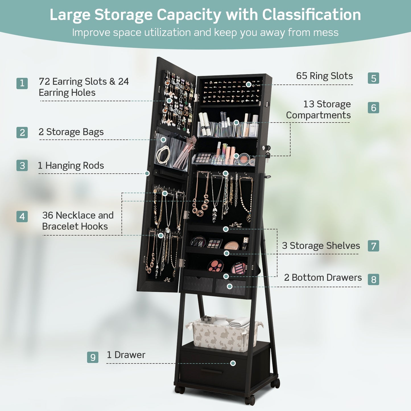 Freestanding Jewelry Armoire with Full-Length Mirror and Lockable Storage – Black