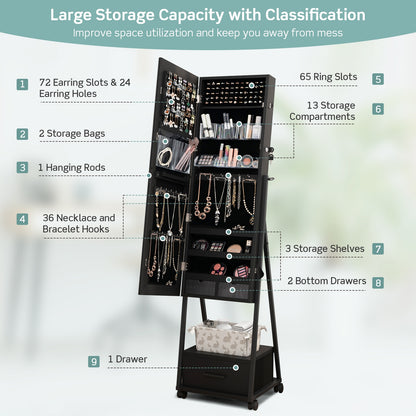Freestanding Jewelry Armoire with Full-Length Mirror and Lockable Storage – Black