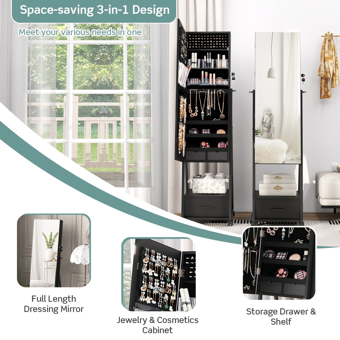 Freestanding Jewelry Armoire with Full-Length Mirror and Lockable Storage – Black