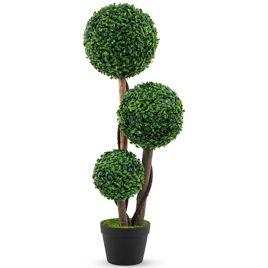36 Inch Artificial Boxwood Topiary Tree with Natural Wood Trunks in Decorative Pot