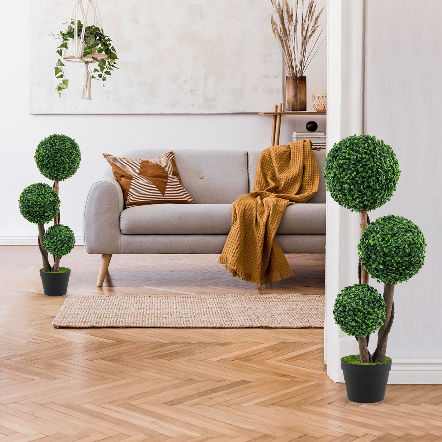 36 Inch Artificial Boxwood Topiary Tree with Natural Wood Trunks in Decorative Pot