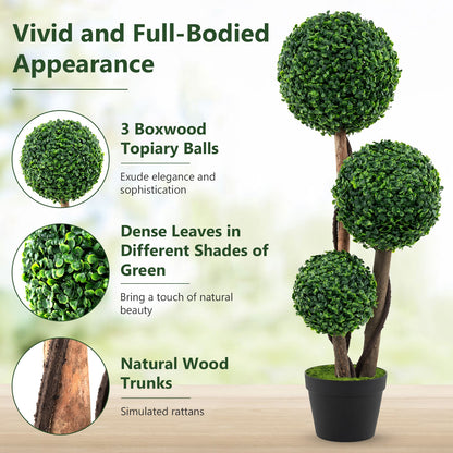 36 Inch Artificial Boxwood Topiary Tree with Natural Wood Trunks in Decorative Pot