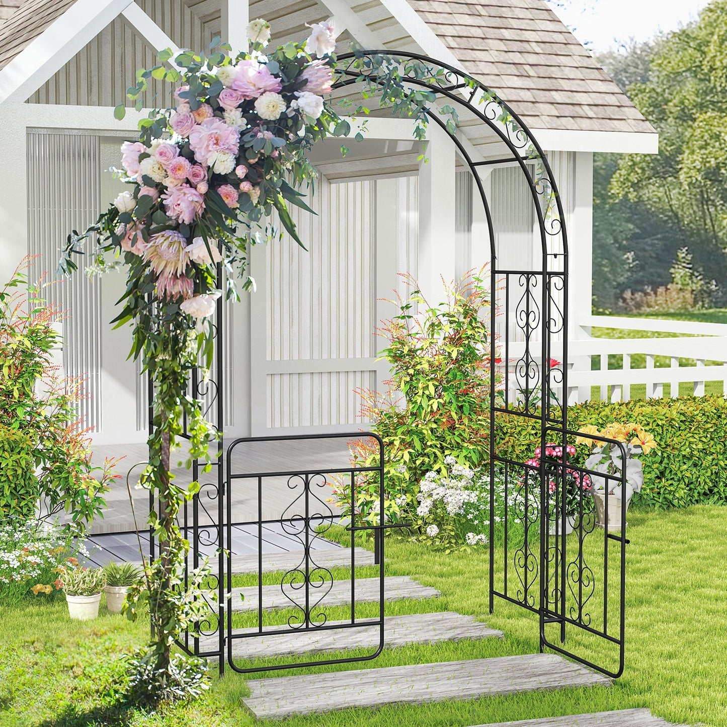 Elegant Garden Arbor with Gate, Crossbars & Ground Stakes