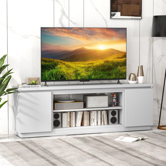 Modern TV Stand with Storage Cabinets Adjustable Shelves and Safety Kits for 80 Inch TVs - White