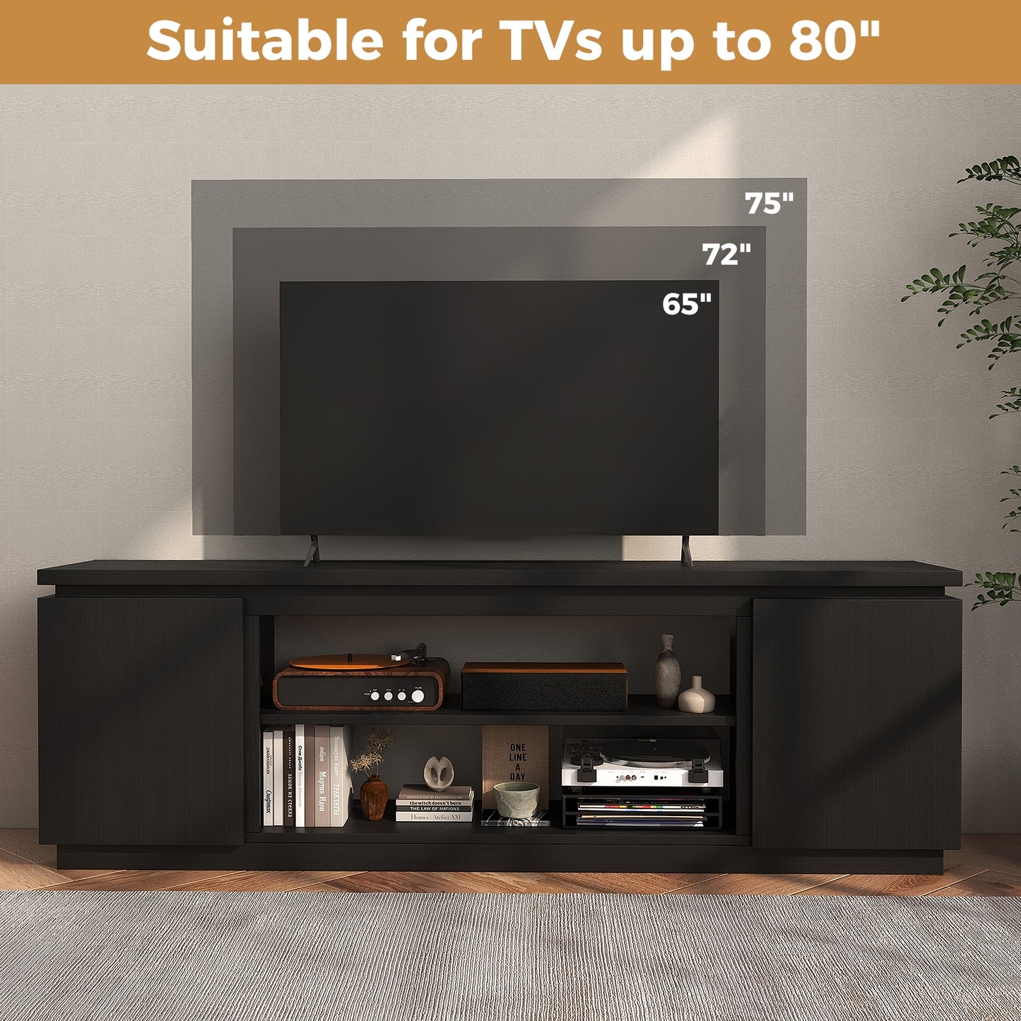 Modern TV Stand with Storage Cabinets Adjustable Shelves and Safety Kits for 80 Inch TVs - Black