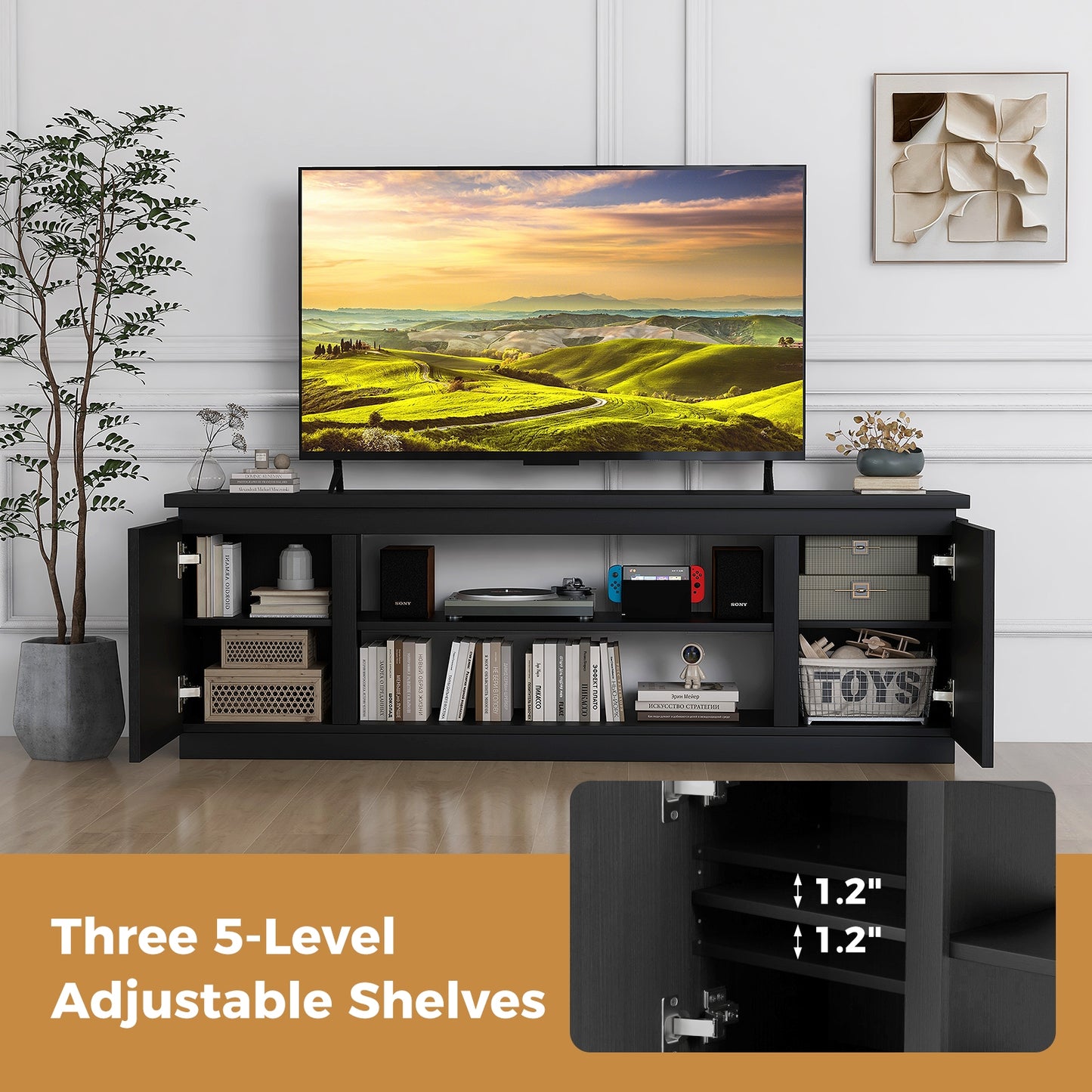 Modern TV Stand with Storage Cabinets Adjustable Shelves and Safety Kits for 80 Inch TVs - Black