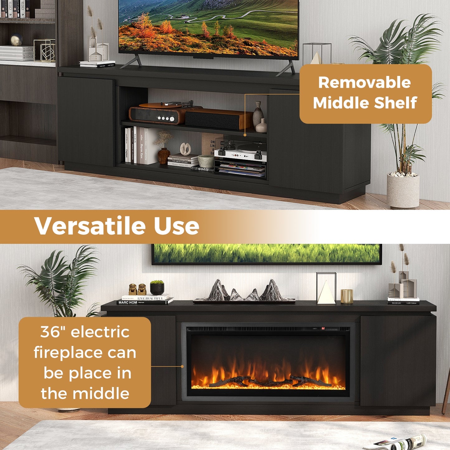 Modern TV Stand with Storage Cabinets Adjustable Shelves and Safety Kits for 80 Inch TVs - Black