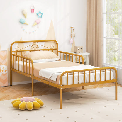 Modern Twin Metal Bed Frame with Headboard and Safety Guardrails – Gold