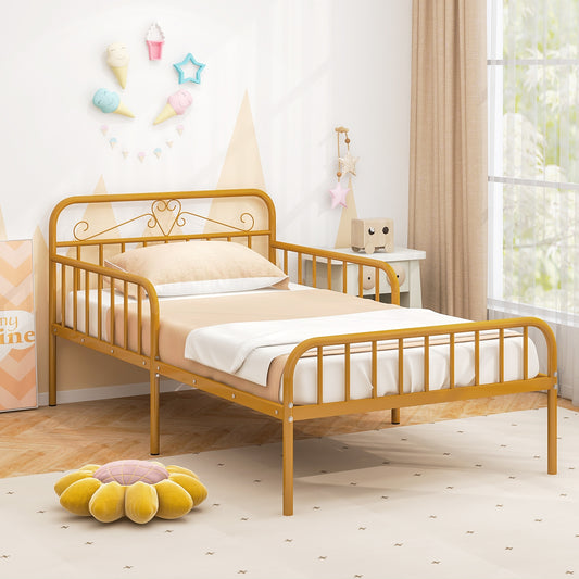 Modern Twin Metal Bed Frame with Headboard and Safety Guardrails – Gold