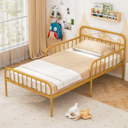 Modern Twin Metal Bed Frame with Headboard and Safety Guardrails – Gold