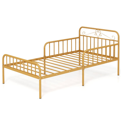 Modern Twin Metal Bed Frame with Headboard and Safety Guardrails – Gold