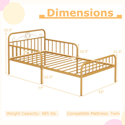 Modern Twin Metal Bed Frame with Headboard and Safety Guardrails – Gold
