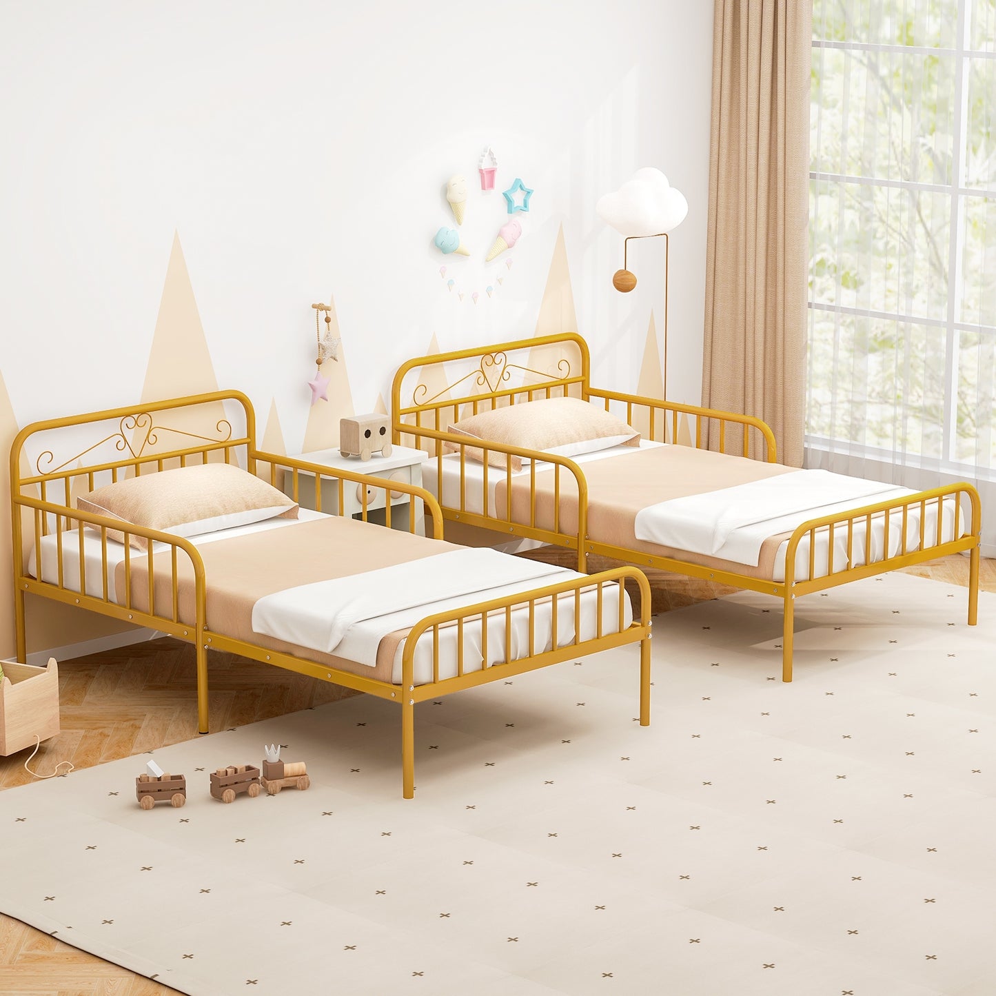 Modern Twin Metal Bed Frame with Headboard and Safety Guardrails – Gold