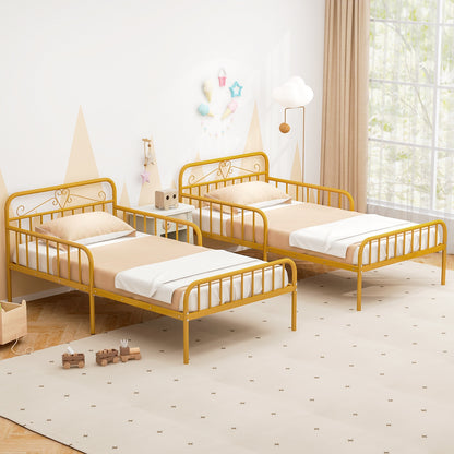 Modern Twin Metal Bed Frame with Headboard and Safety Guardrails – Gold