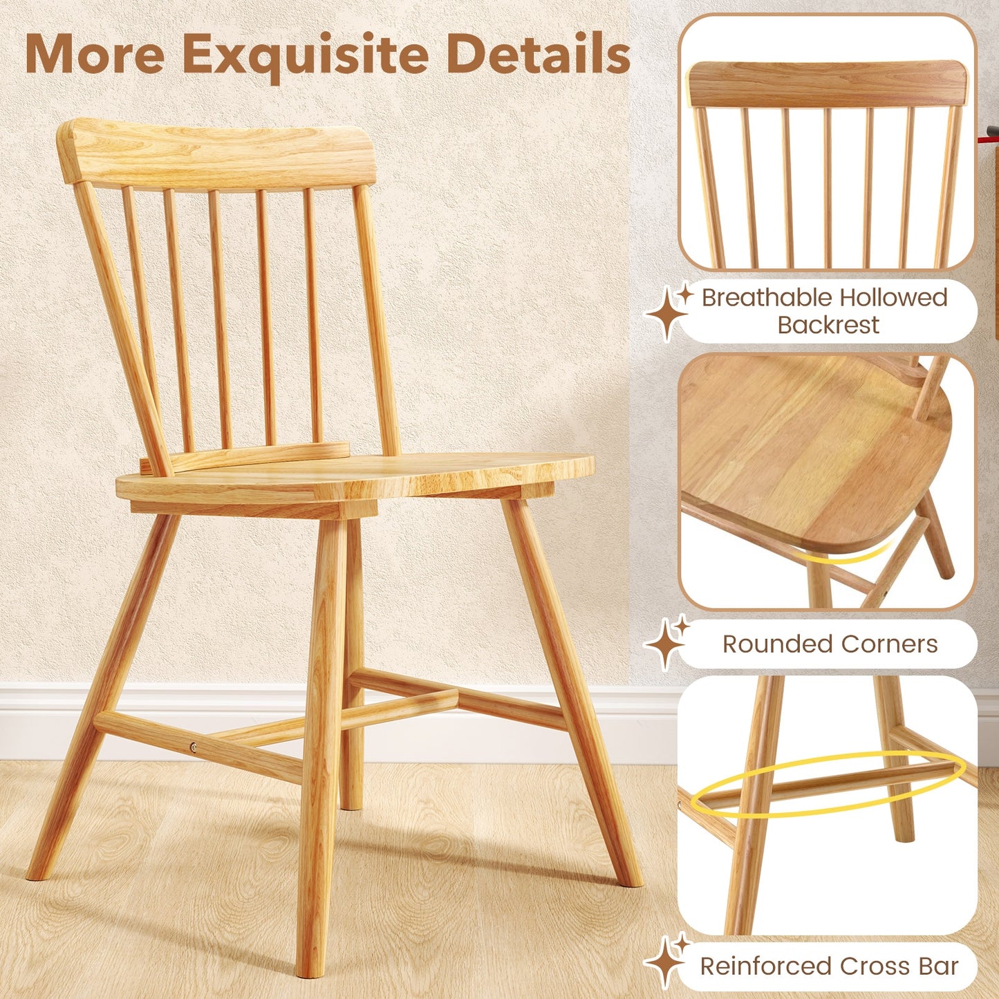 Farmhouse Dining Chairs with Curved Backrest and Rubber Wood Frame Set of 2 Natural
